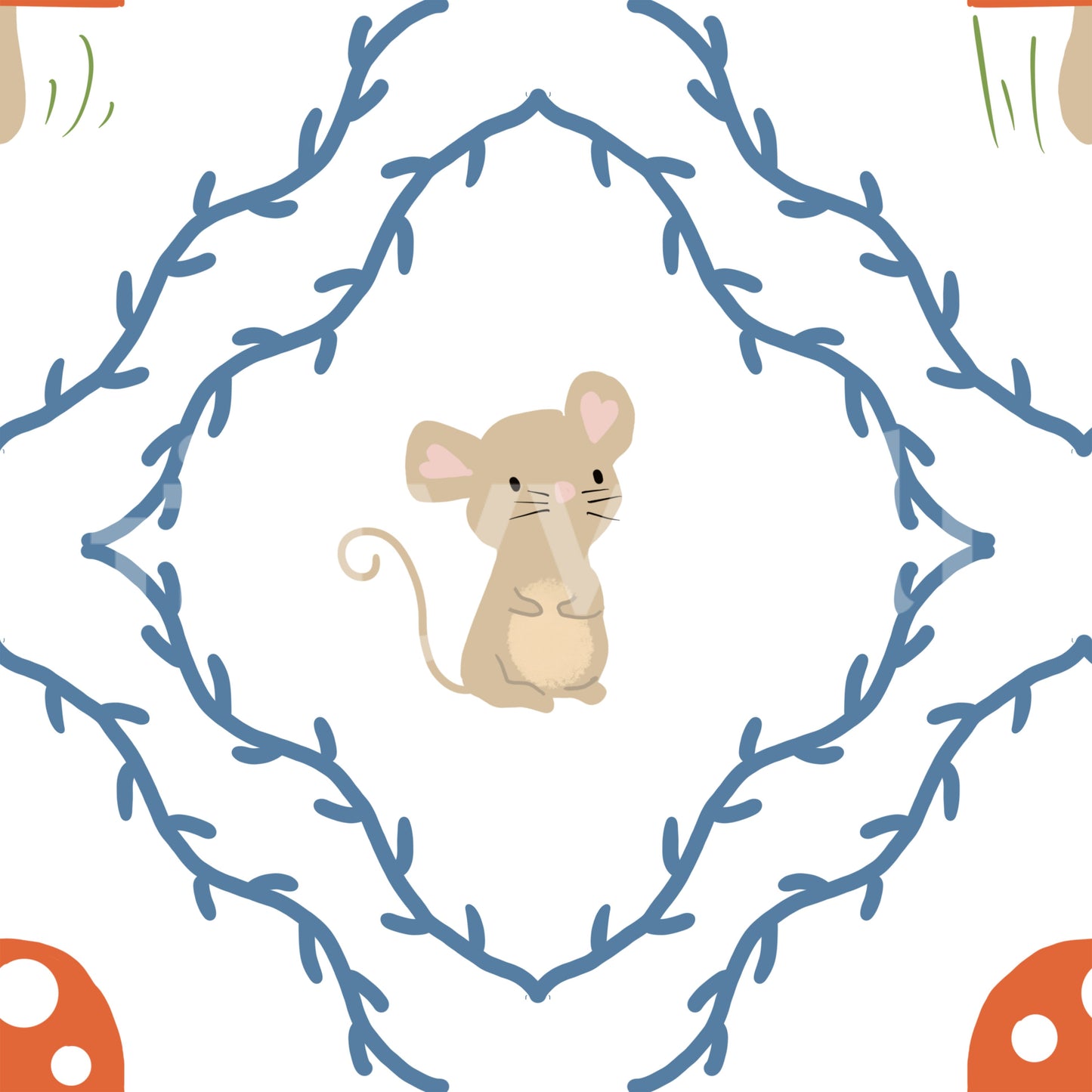 Whimsical woodland mouse wallpaper swatch with beige mouse, blue vines and red toadstool mushrooms,, GD10065