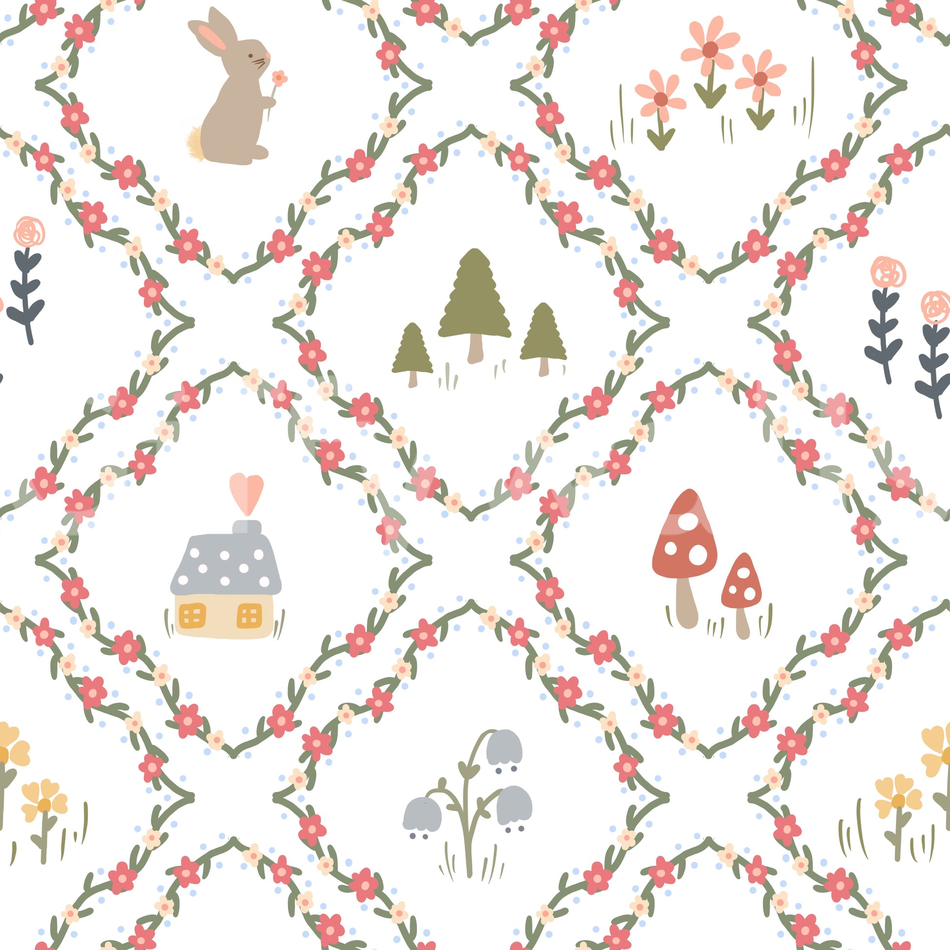 Whimsical woodland diamond repeat wallpaper with coral flowers and storybook motifs. 