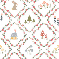Whimsical woodland diamond repeat wallpaper with coral flowers and storybook motifs. 