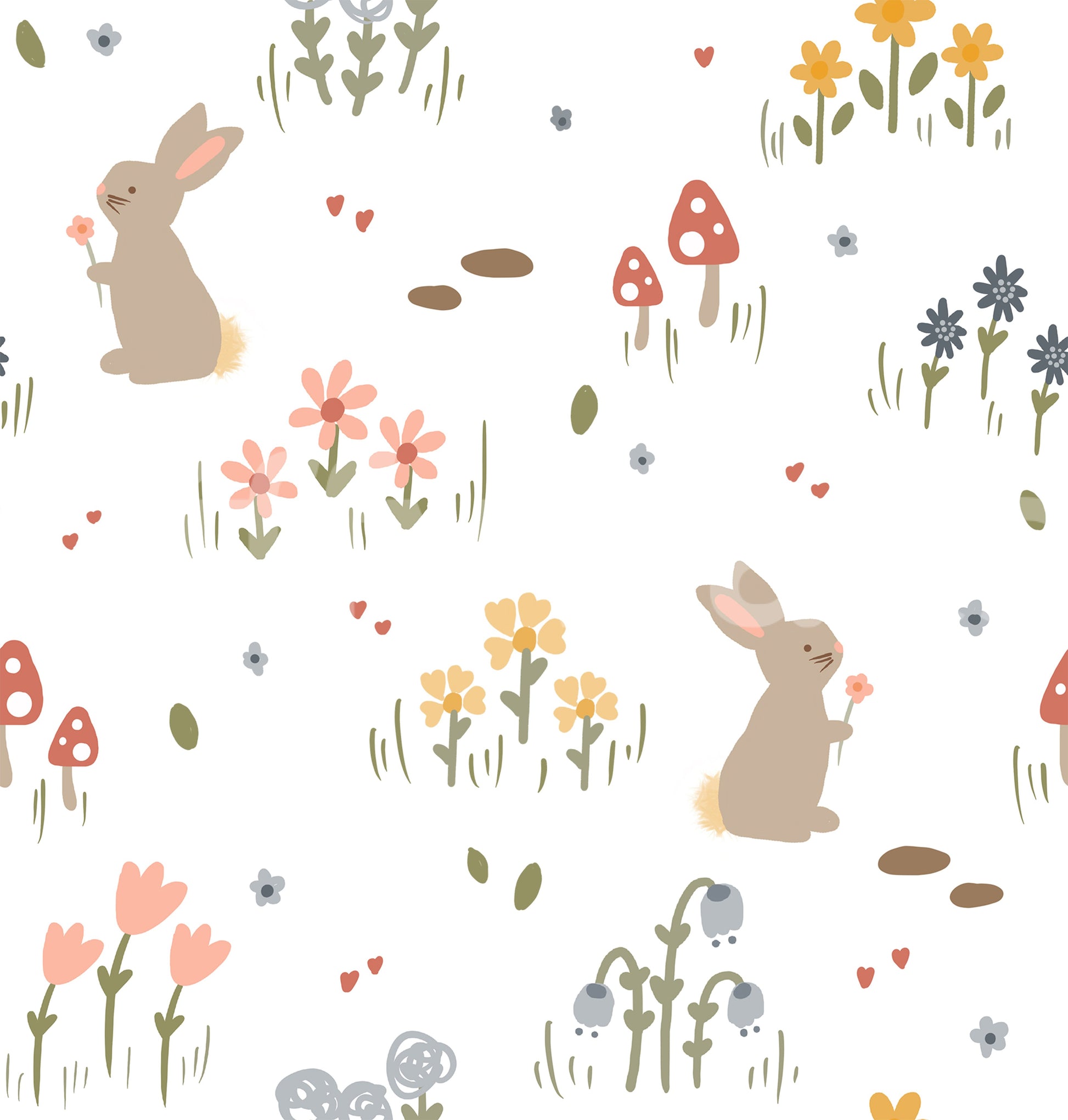 Sweet Meadow Bunnies wallpaper swatch with bunnies, flowers and mushrooms on white., GD10071
