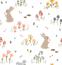 Sweet Meadow Bunnies wallpaper swatch with bunnies, flowers and mushrooms on white., GD10071