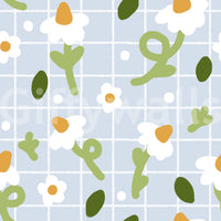 Pale blue grid wallpaper with whimsical white daisies, sage stems and olive leaves., GD10073