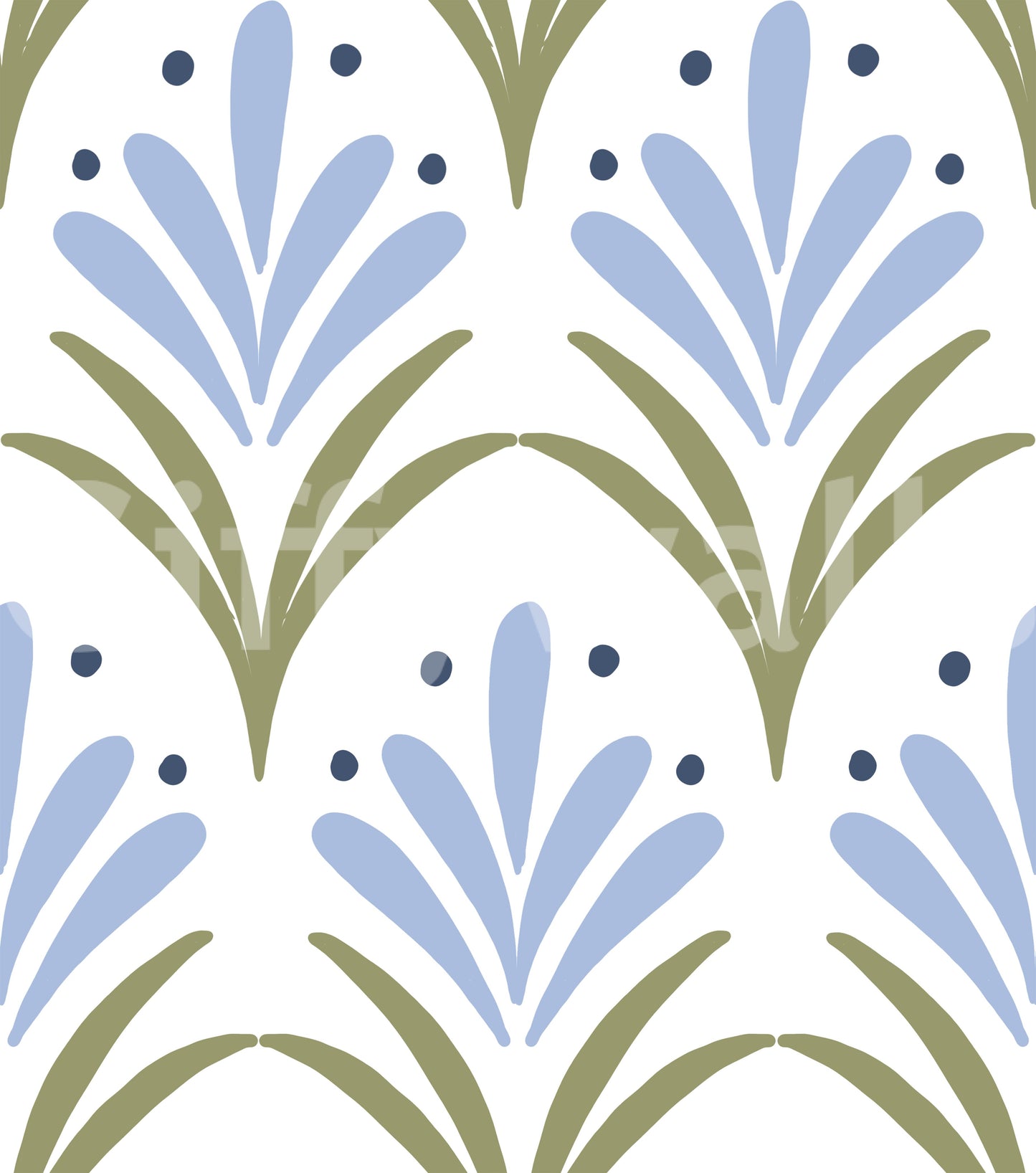 Art Deco floral wallpaper swatch with powder blue petals, sage green stems and navy dots.