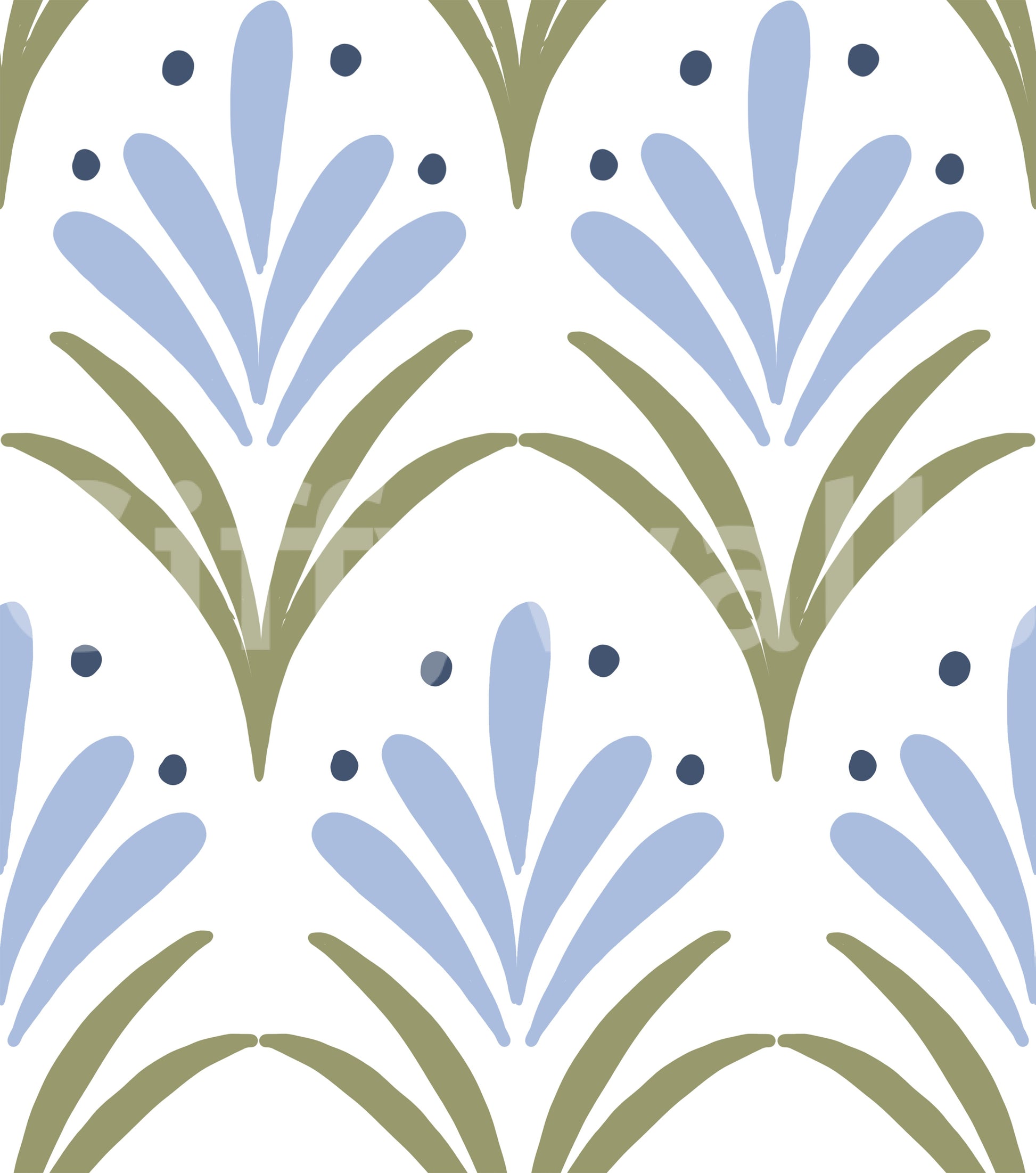 Art Deco floral wallpaper swatch with powder blue petals, sage green stems and navy dots.
