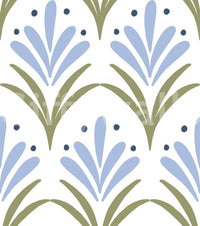 Art Deco floral wallpaper swatch with powder blue petals, sage green stems and navy dots.