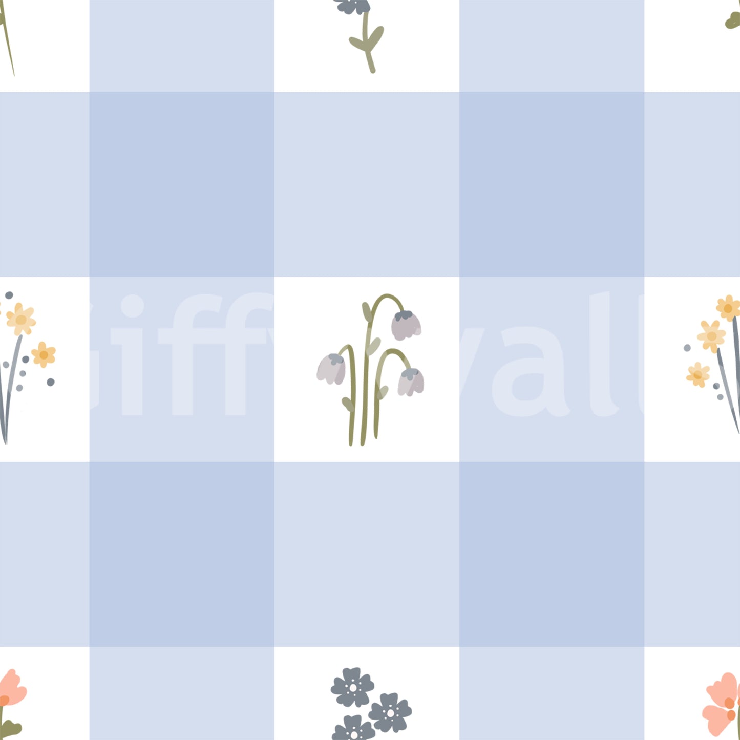 Soft floral gingham wallpaper swatch with pale blue check squares and tiny wildflower sprigs.