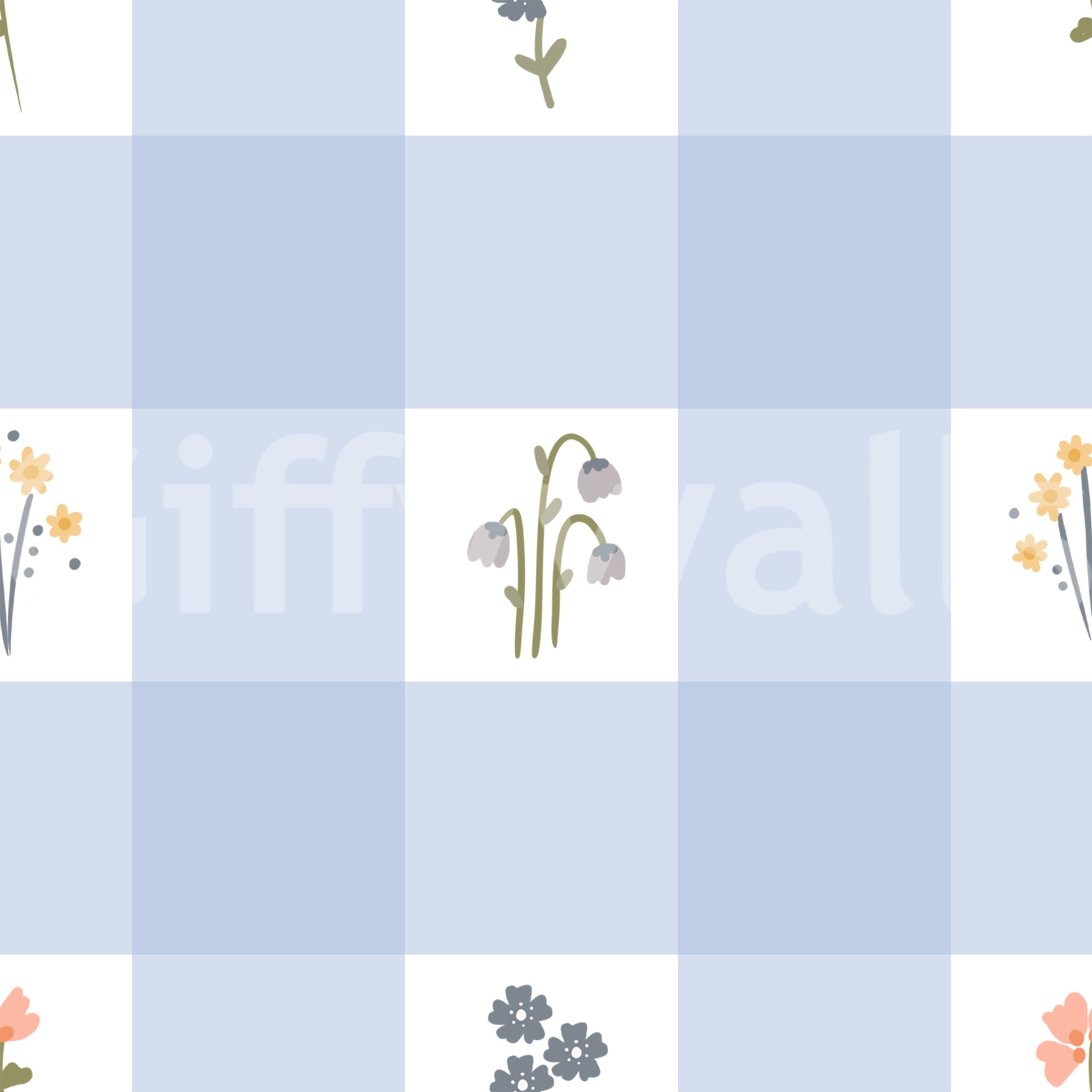Soft floral gingham wallpaper swatch with pale blue check squares and tiny wildflower sprigs.