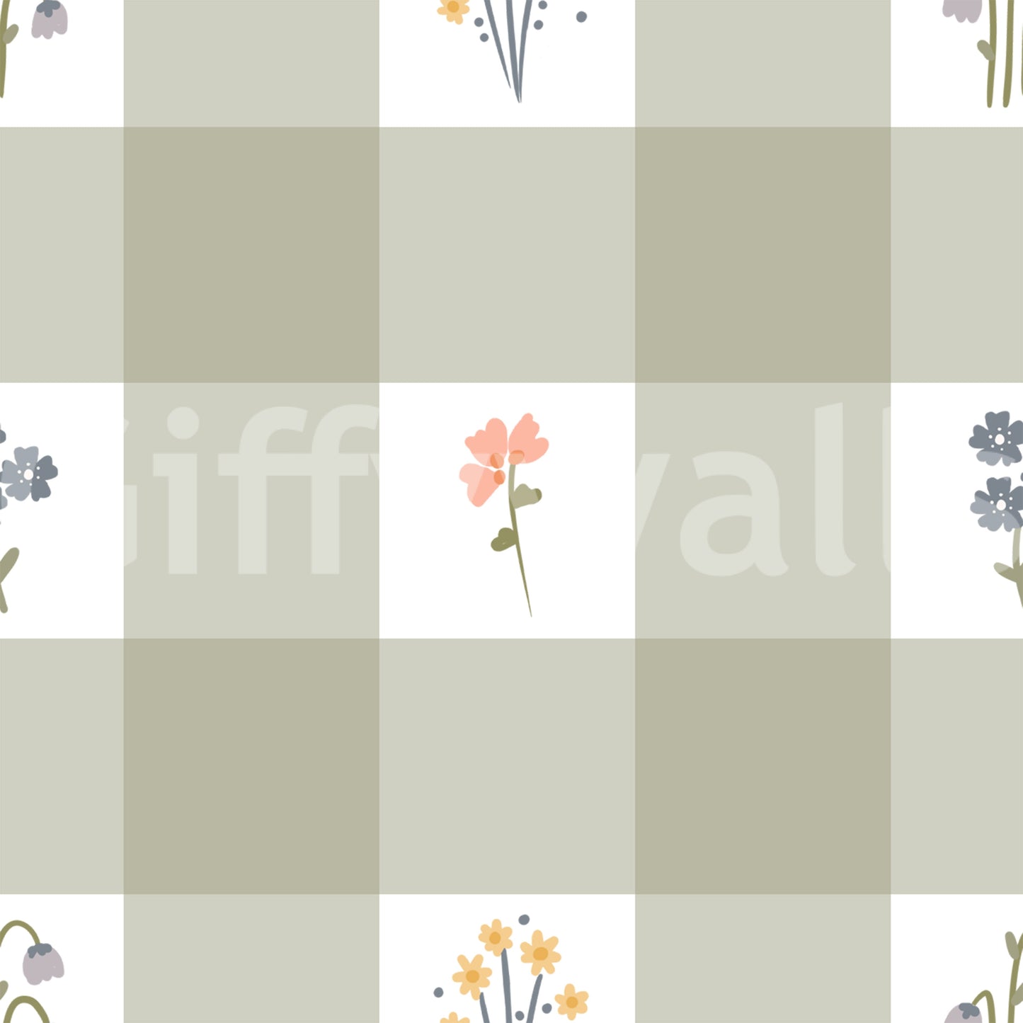 Sage green and white gingham check wallpaper with coral blue and yellow floral motifs.