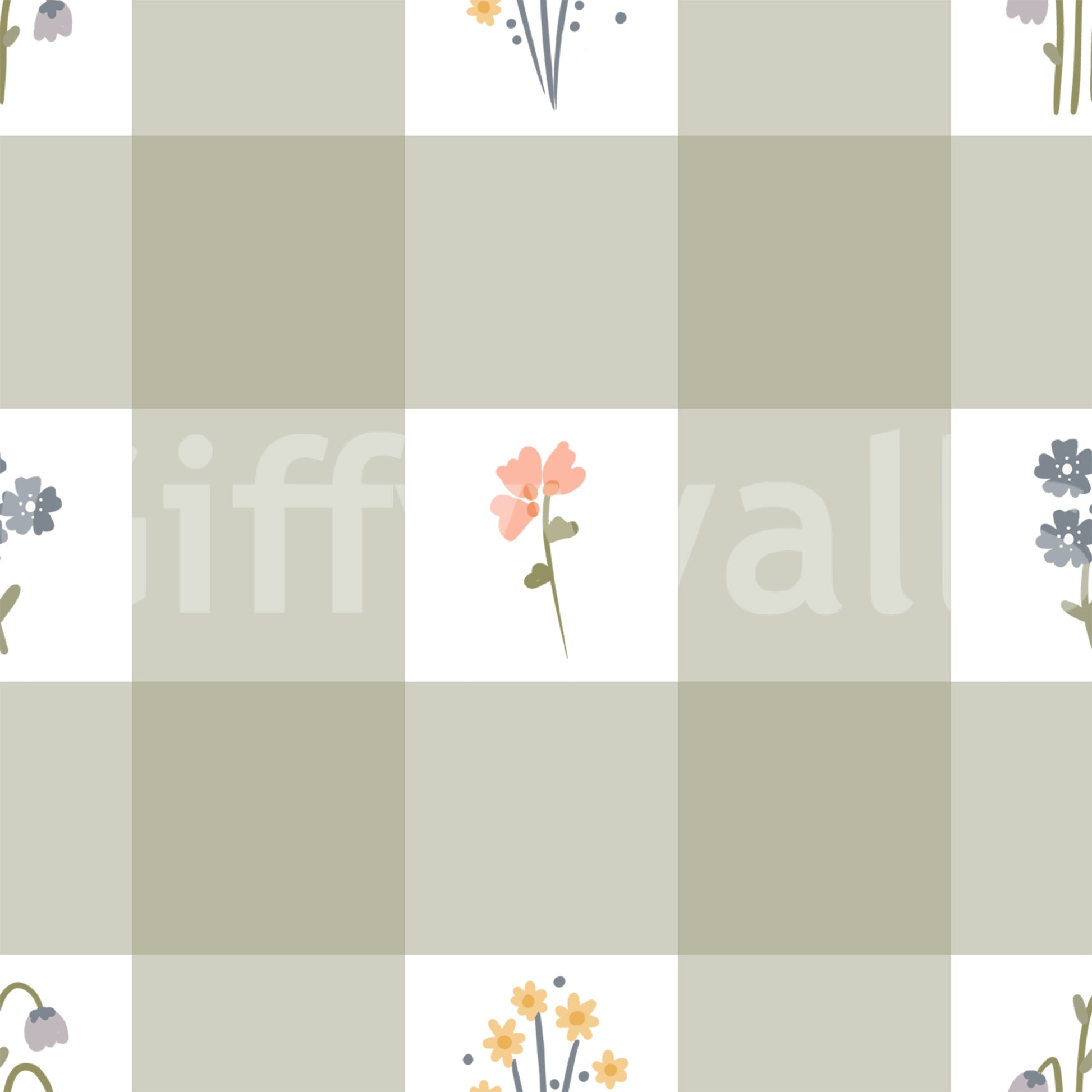 Sage green and white gingham check wallpaper with coral blue and yellow floral motifs.