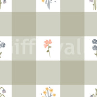 Sage green and white gingham check wallpaper with coral blue and yellow floral motifs.
