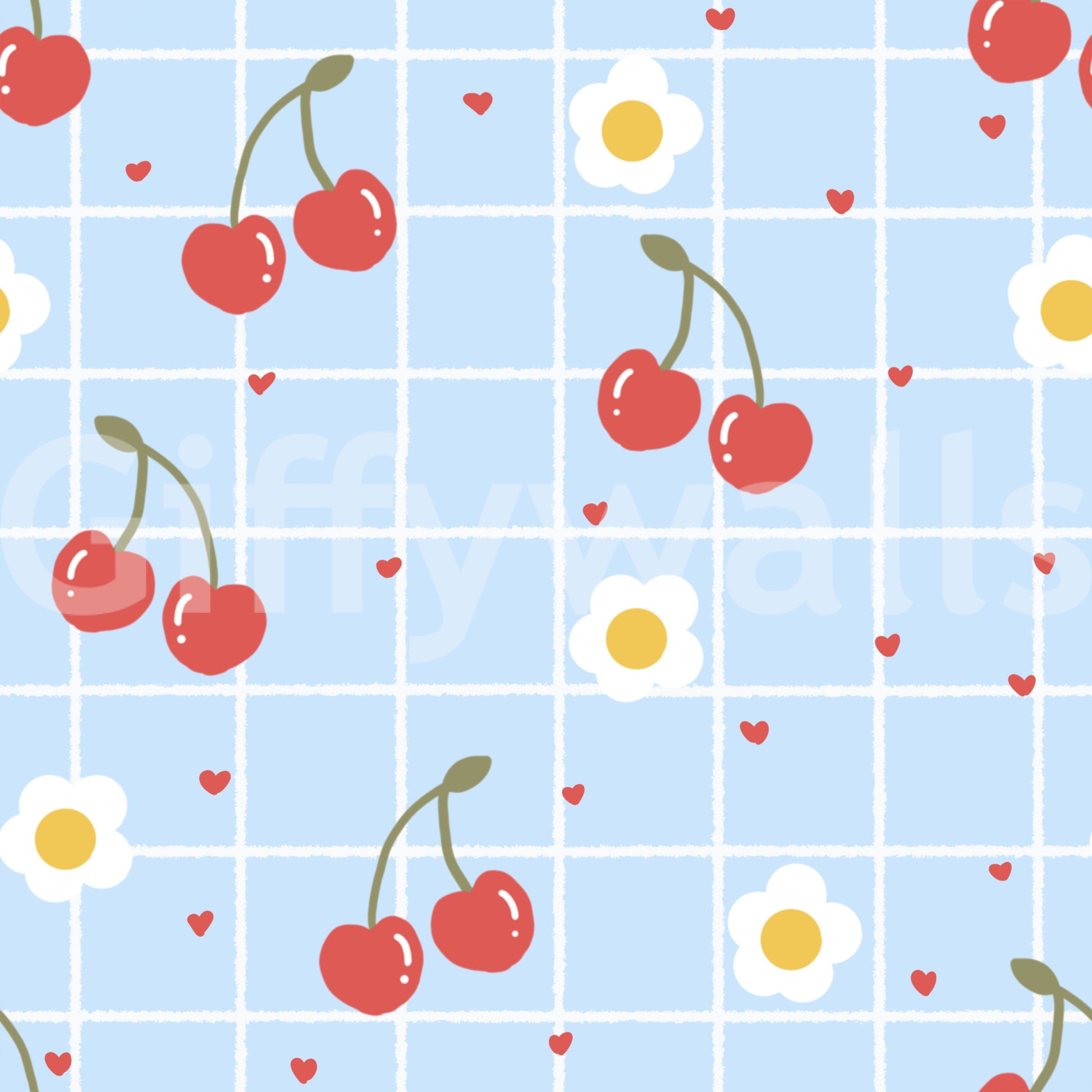 Sweet Cherry Gingham Wallpaper swatch showing blue grid pattern with red cherries and white daisies.
