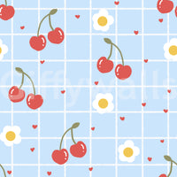 Sweet Cherry Gingham Wallpaper swatch showing blue grid pattern with red cherries and white daisies.