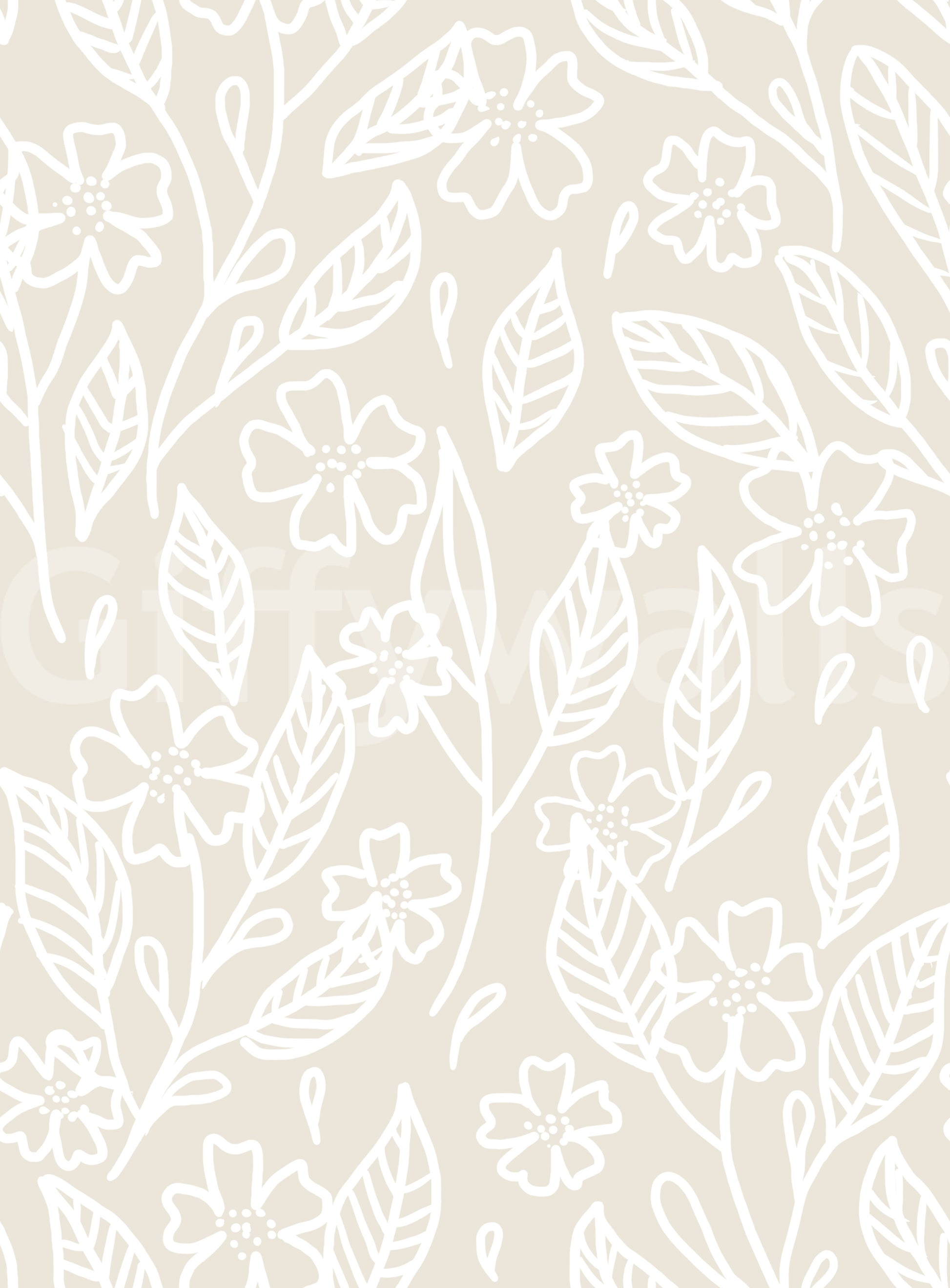 Beige background with white botanical line art flowers and leaves base wallpaper.