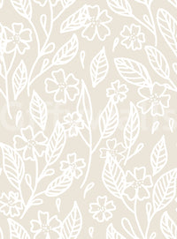 Beige background with white botanical line art flowers and leaves base wallpaper.