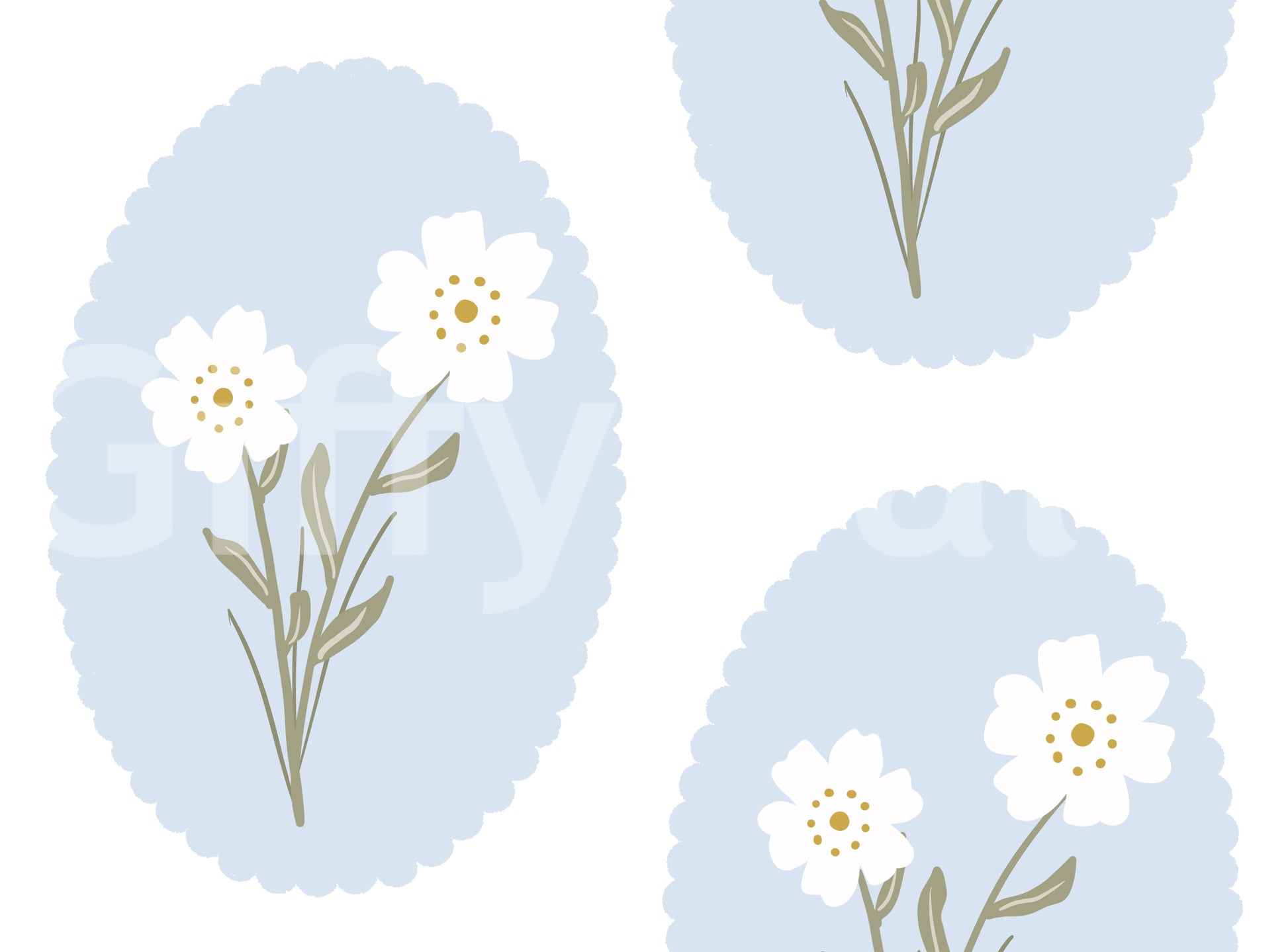 Scalloped Floral Serenity Wallpaper base pattern with powder blue ovals and white daisy blooms.