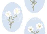 Scalloped Floral Serenity Wallpaper base pattern with powder blue ovals and white daisy blooms.