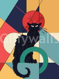 Black cat wall mural with Art Deco geometric background in teal navy coral and orange.