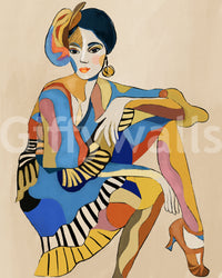 The Cabaret Dancer wall mural swatch showing cubist seated dancer in multicolour geometric shapes.