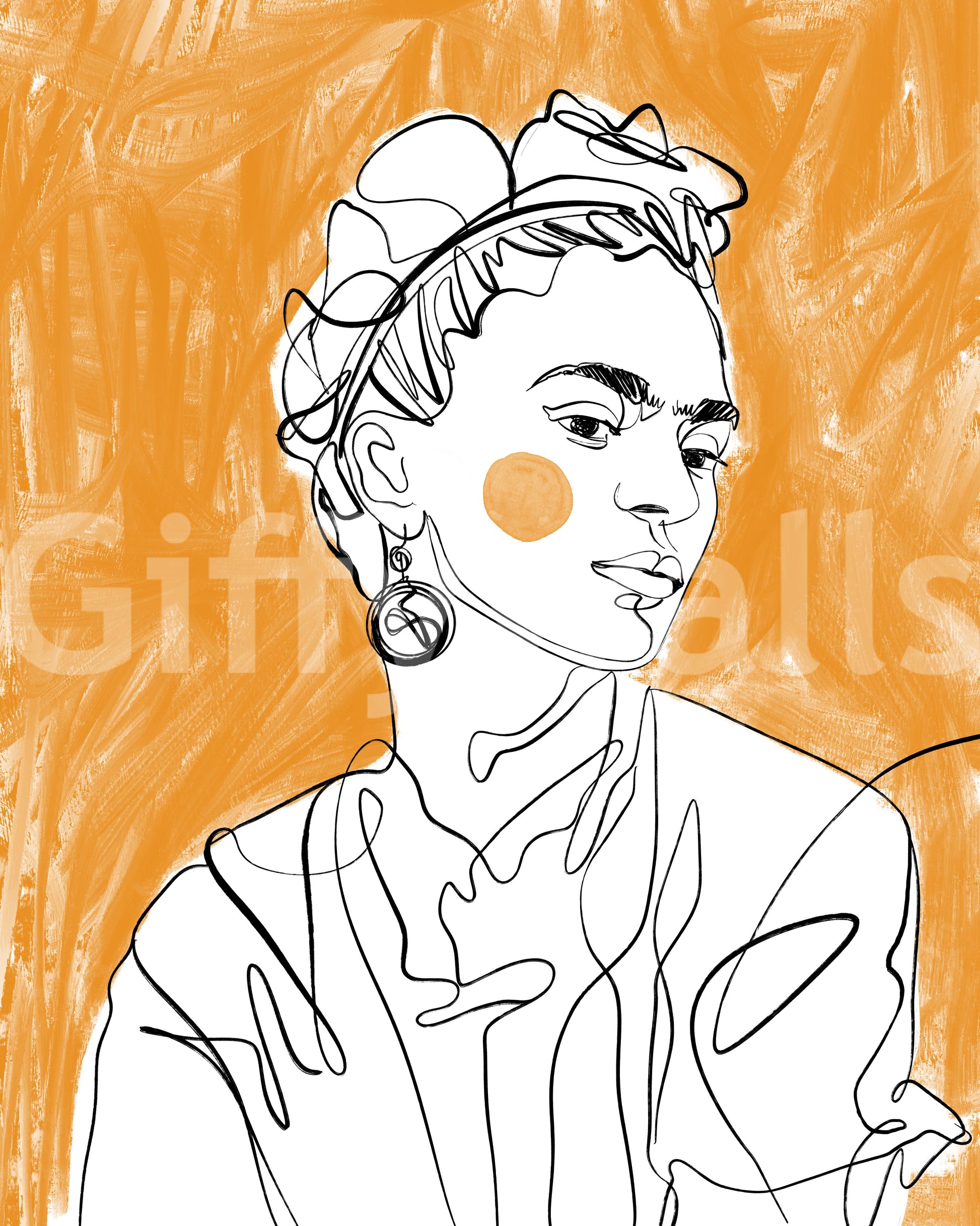 Tangerine Muse Wall Mural base pattern with line art portrait on orange brushstroke background