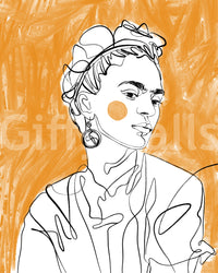 Tangerine Muse Wall Mural base pattern with line art portrait on orange brushstroke background