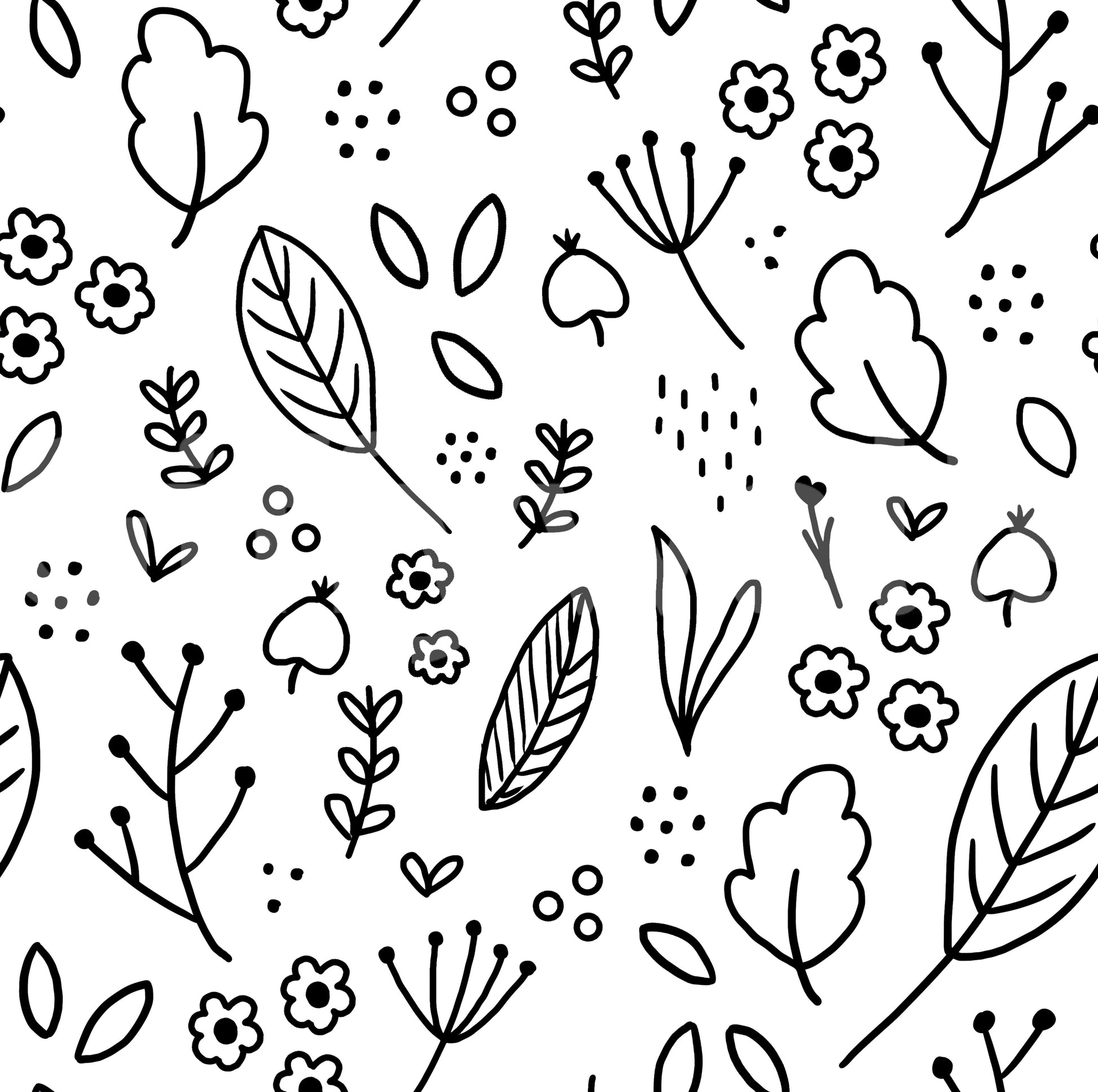 Monochrome leaves wallpaper swatch showing black line art botanical doodle pattern on white., GD10088
