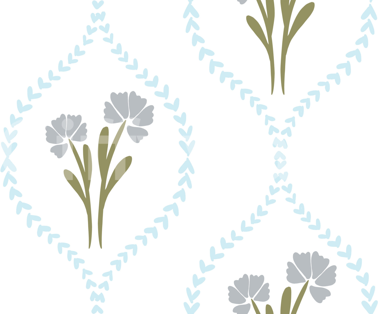 Blue cornflower diamond trellis wallpaper with white background.