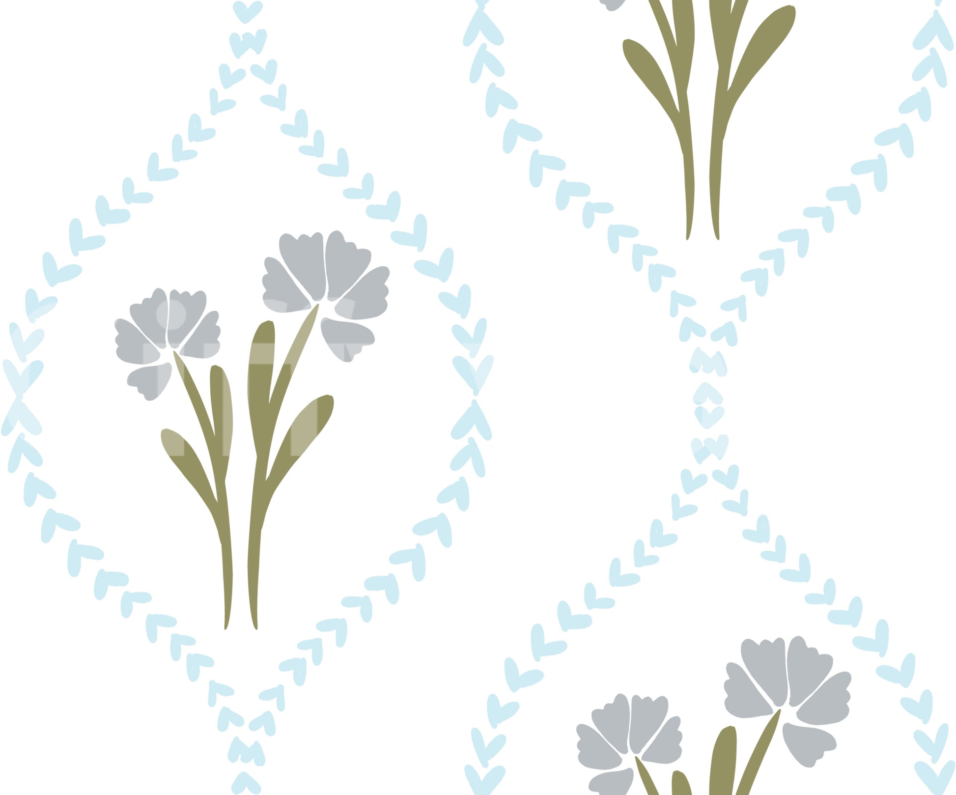 Blue cornflower diamond trellis wallpaper with white background.