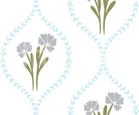 Blue cornflower diamond trellis wallpaper with white background.