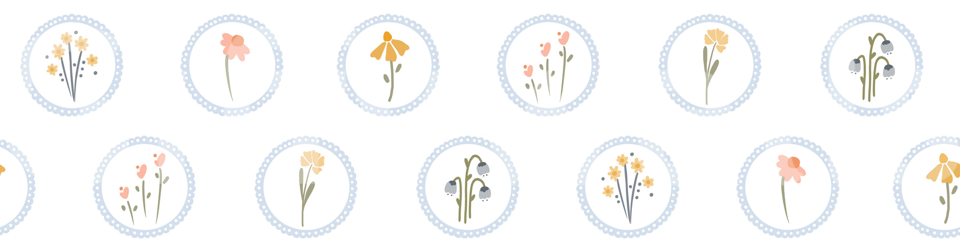 Country cottage wildflower medallion wallpaper with white base. 