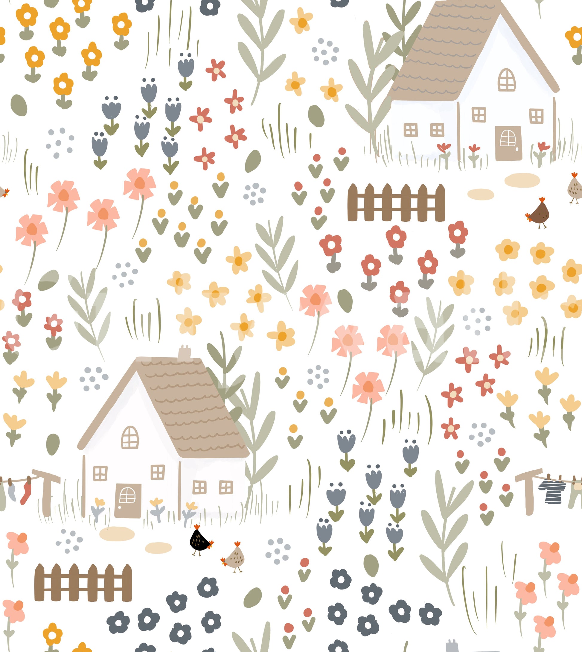 Storybook wallpaper with tiny cottages, picket fences, and chickens around flowers.