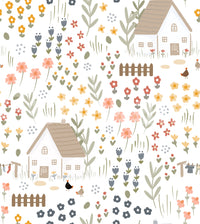 Storybook wallpaper with tiny cottages, picket fences, and chickens around flowers.