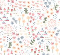 White doodle floral wallpaper with peach coral blue blooms.