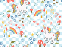 pastel unicorn chequered wallpaper showing colour and pattern repeat.