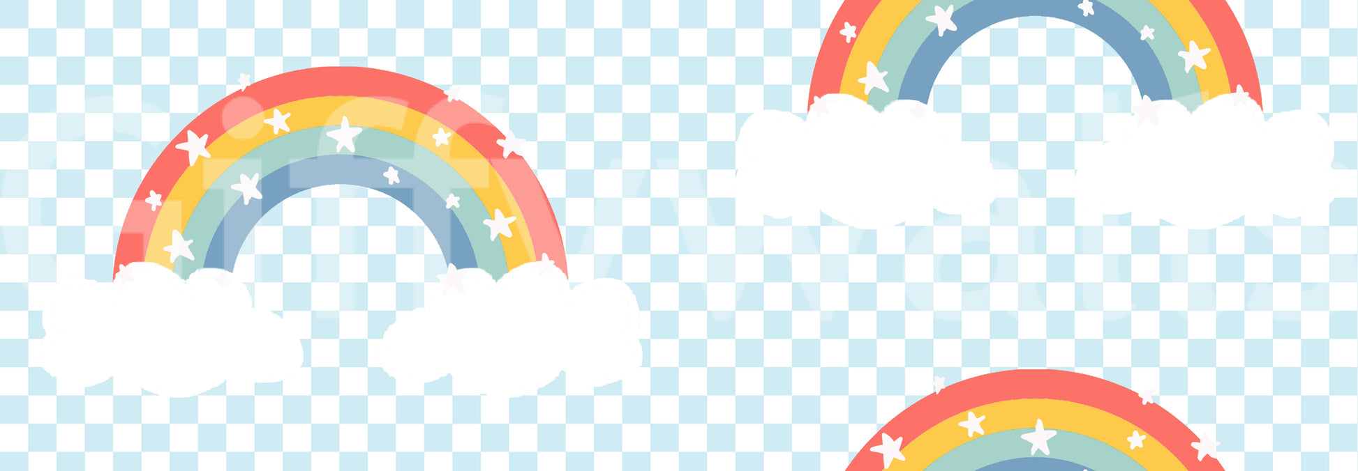 Pastel rainbow wallpaper swatch with stars and white clouds details.