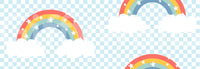 Pastel rainbow wallpaper swatch with stars and white clouds details.