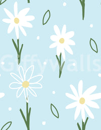 Blue daisy wallpaper with white blooms and yellow flower centres