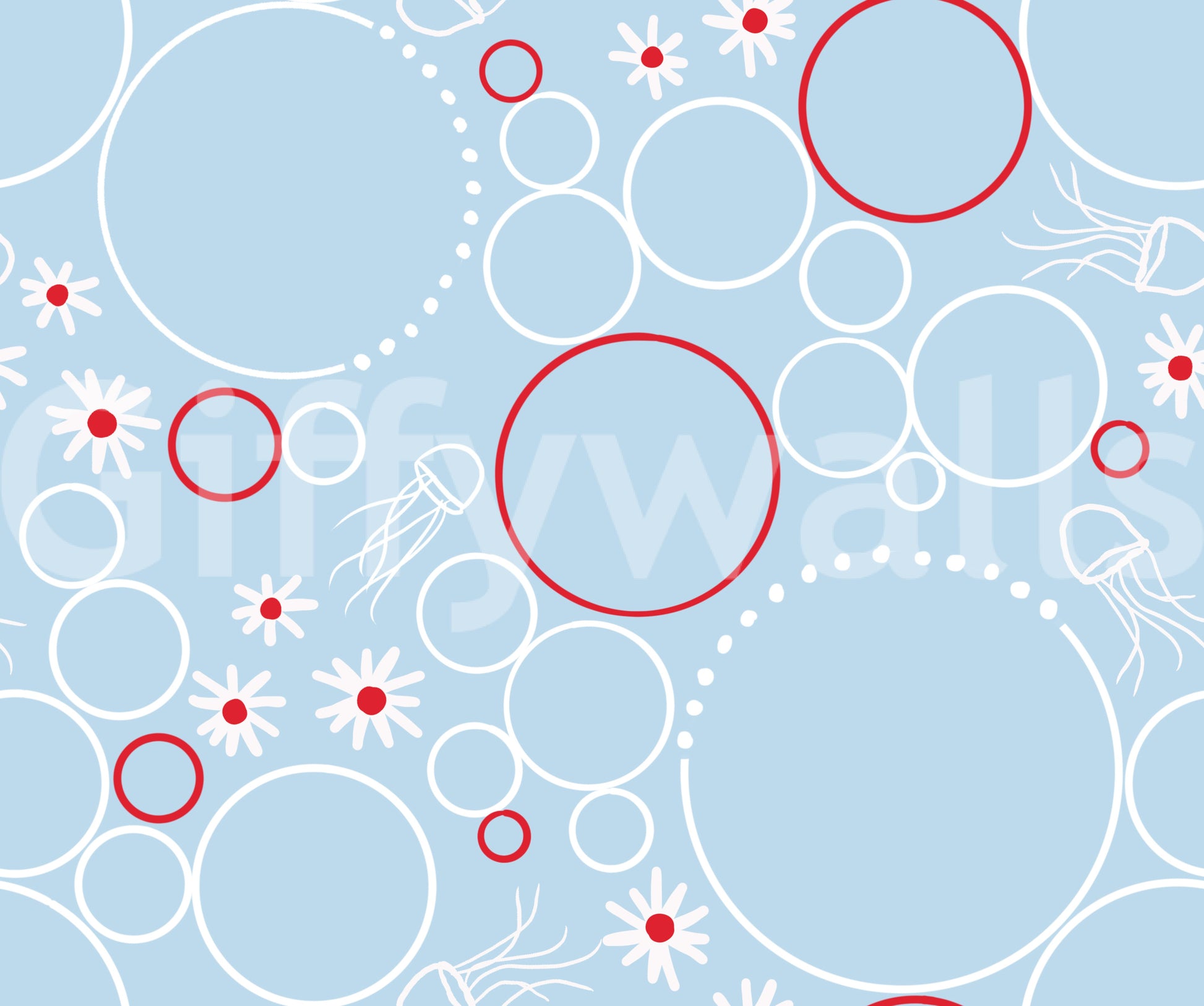Pale blue river bubbles wallpaper with circle and daisy motifs.