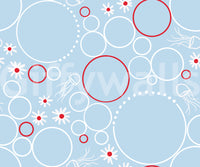 Pale blue river bubbles wallpaper with circle and daisy motifs.