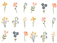 Wildflower wallpaper with mustard pink navy peach and slate painted blooms.