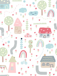 Village wallpaper swatch with pastel houses trees and rainbows.