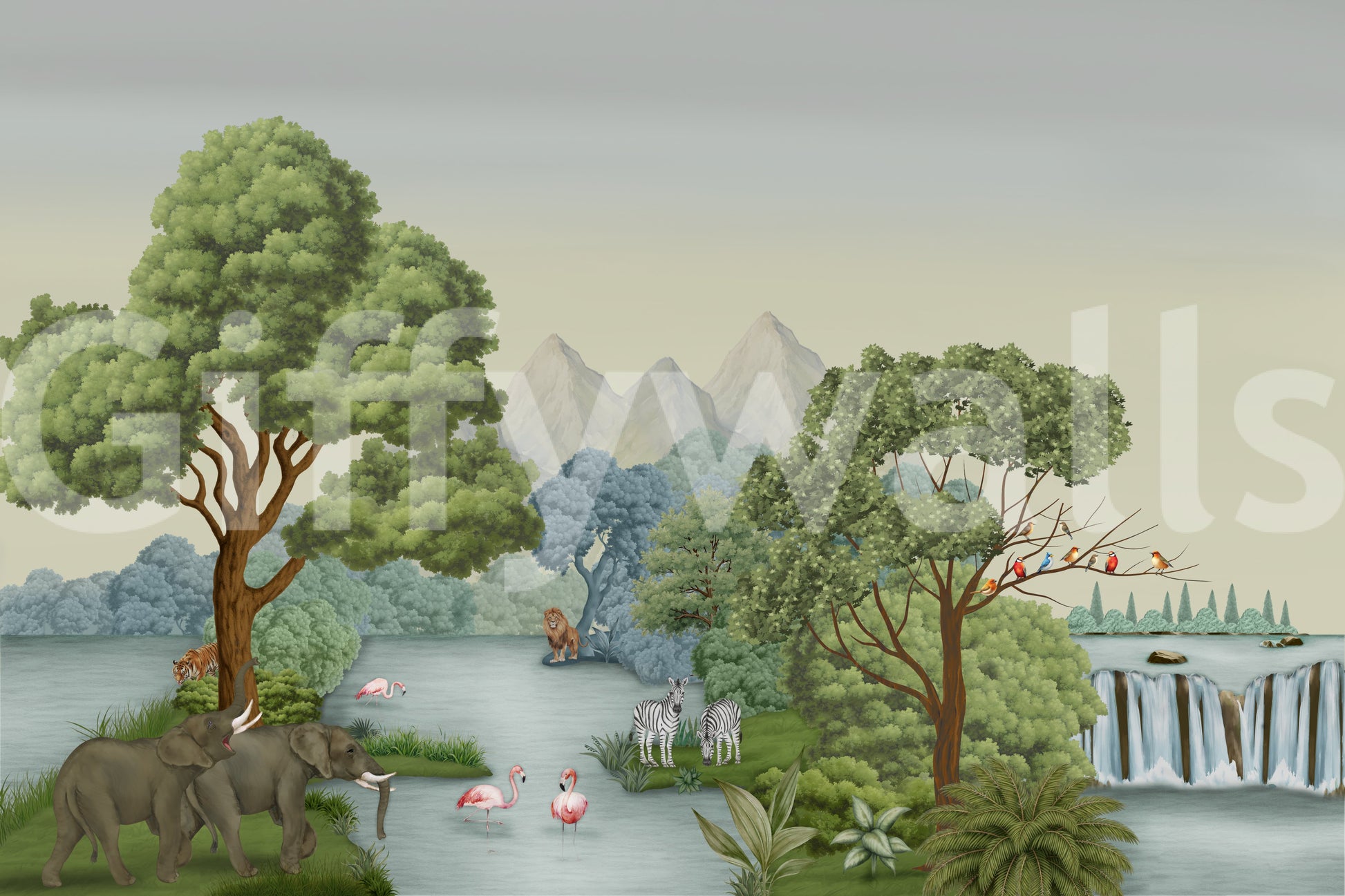 A lone tiger waits by a thick tree trunk in this safari river wall mural.