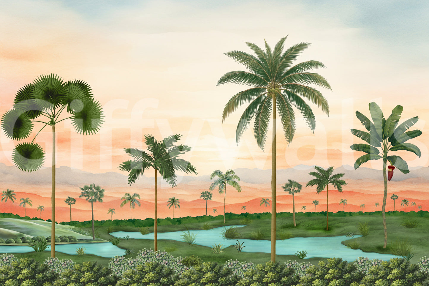 Lush river retreat wall mural with tropical greens, coral hills and a soft sky.