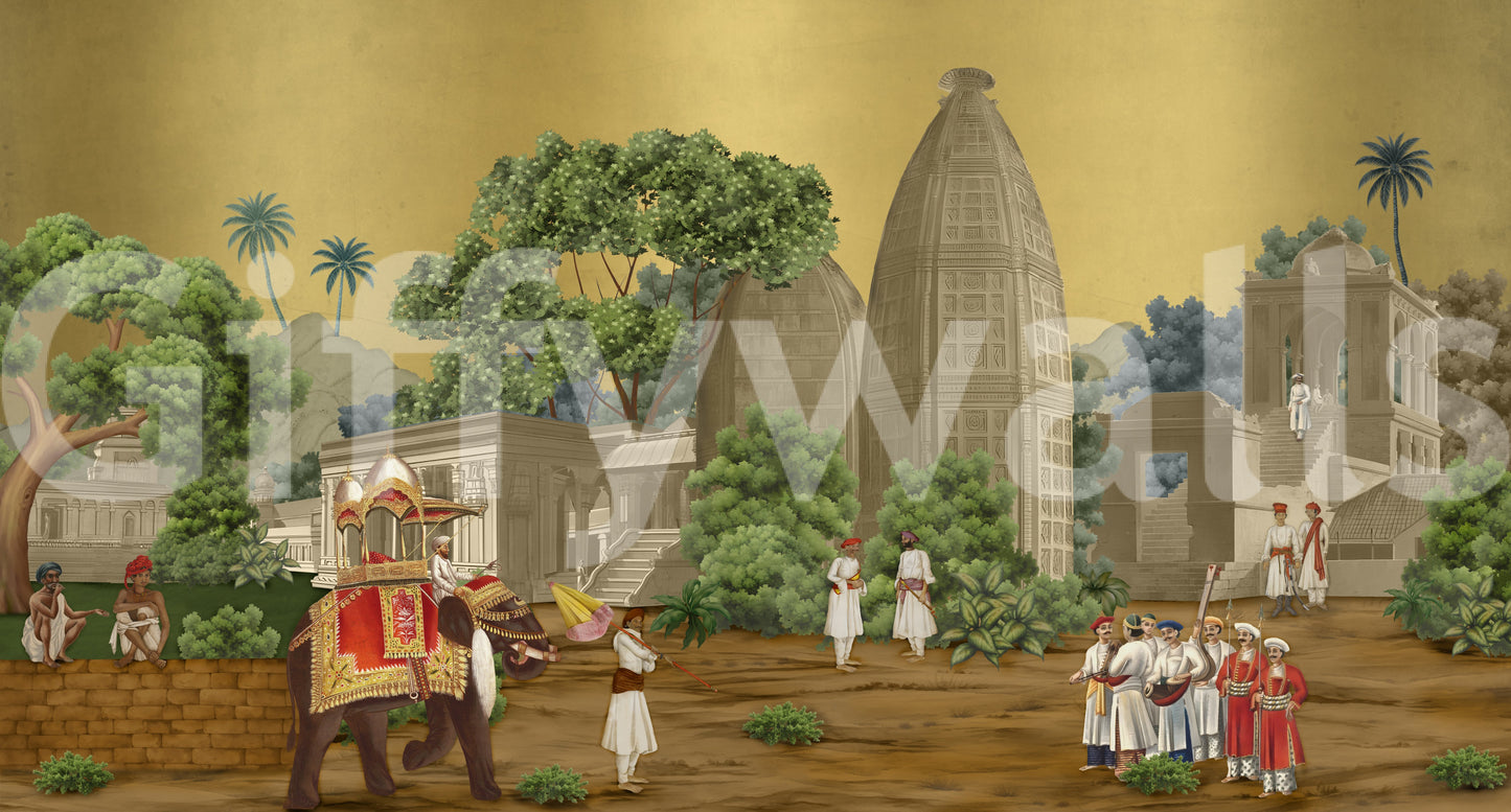 Royal court wall mural art showing figures in traditional attire and turbans.
