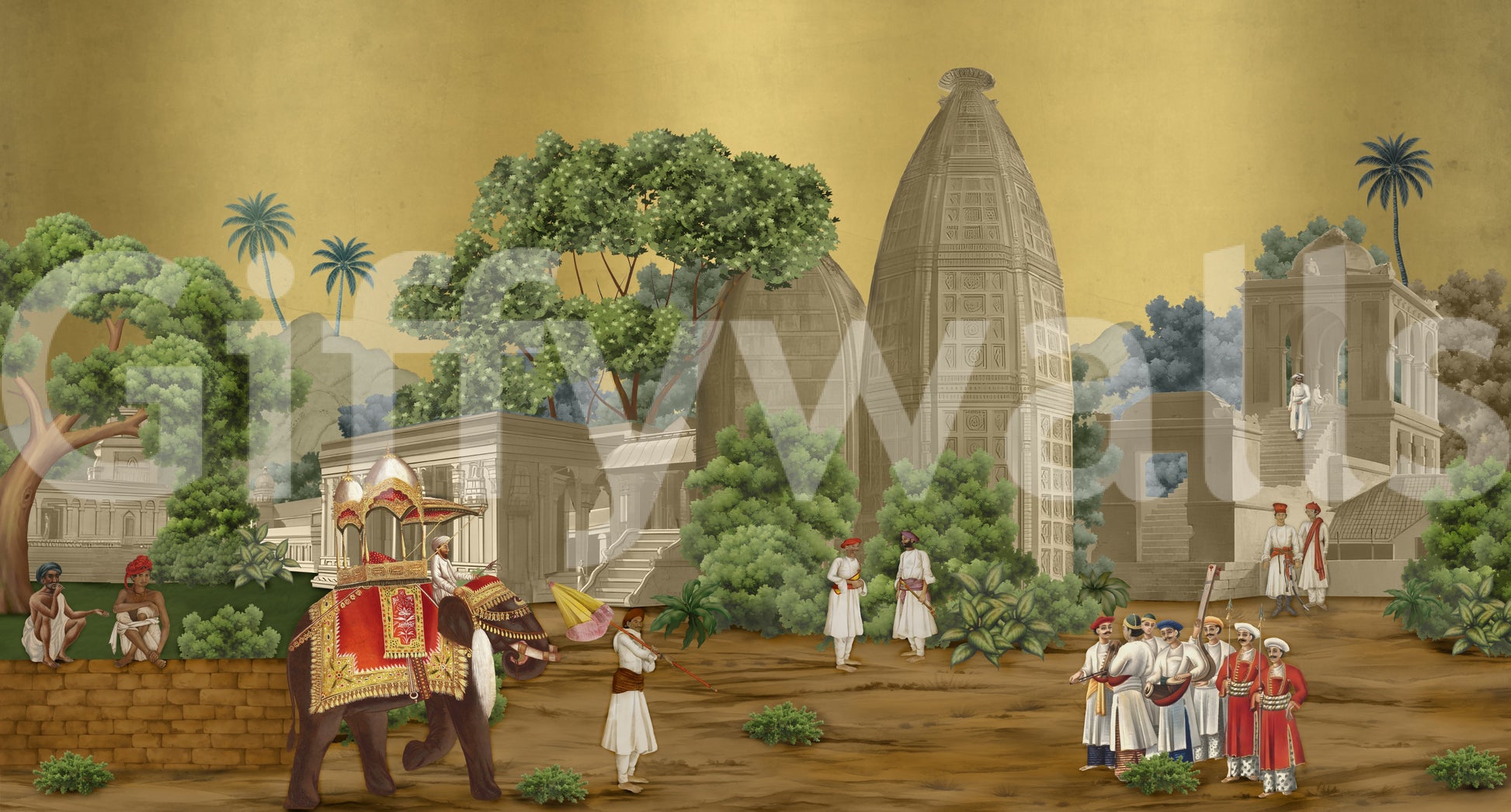 Royal court wall mural art showing figures in traditional attire and turbans.