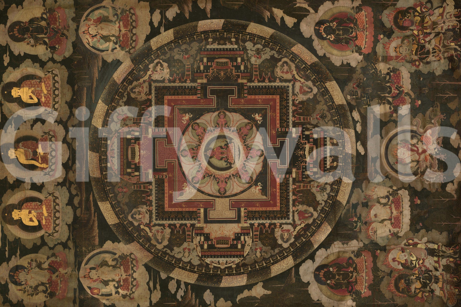 Geometric mandala wall mural highlighting dark historical artwork.