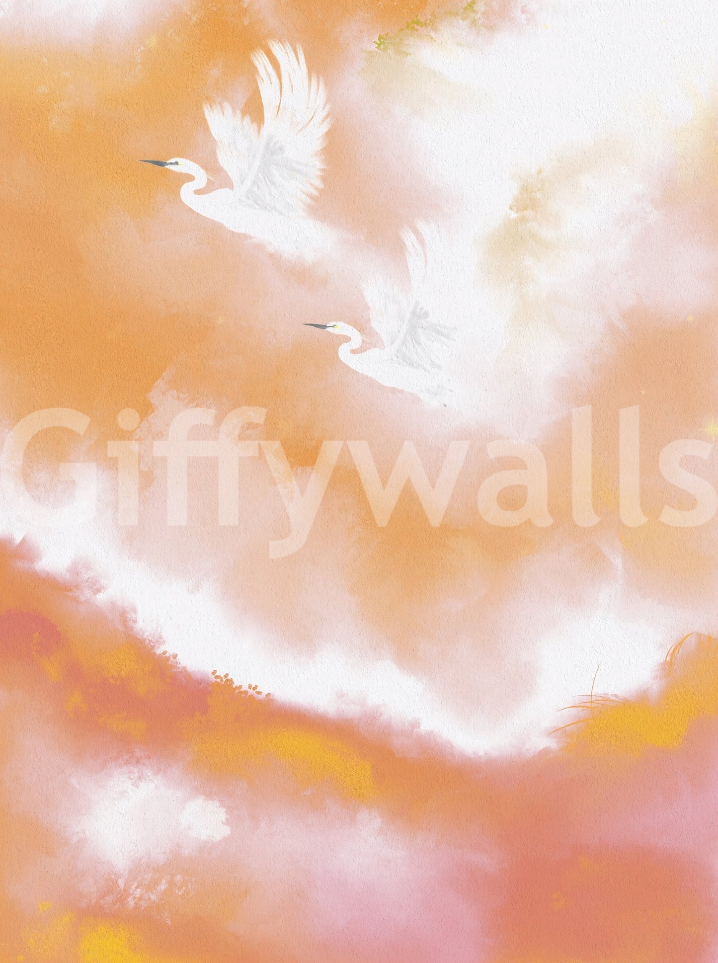 Ethereal Flight at Dawn Birds Peach Watercolor  Wall Mural