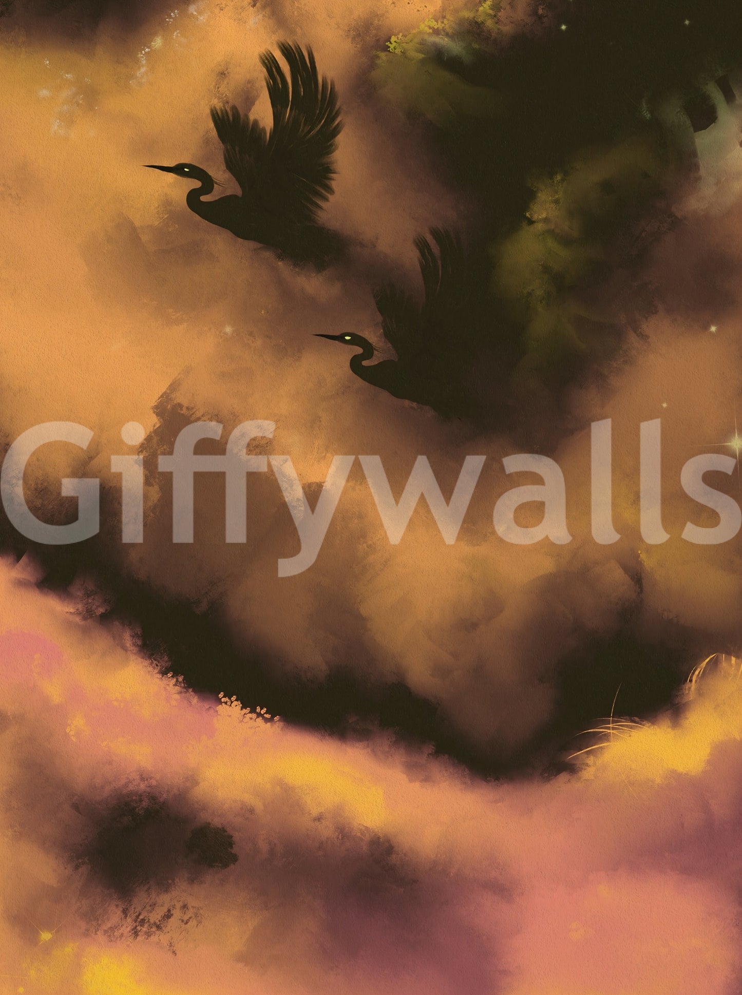 Ethereal Flight Moody Mystical Watercolor Dark Wall Mural
