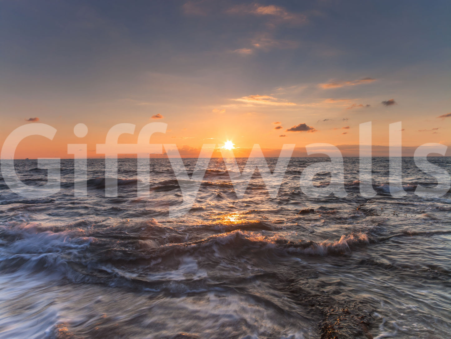 The Golden Horizon Waves seascape mural with sun, sky, and wave detail.