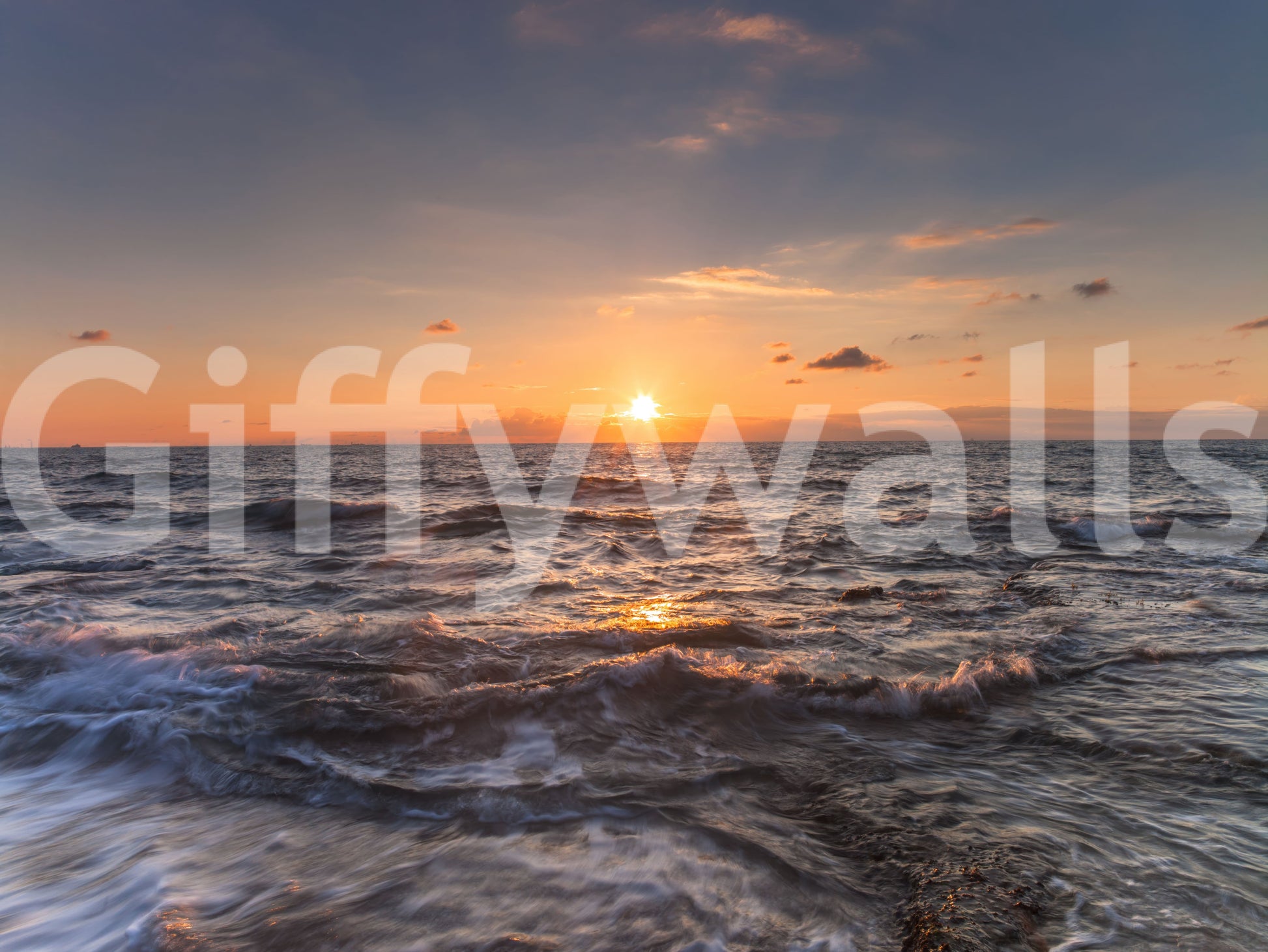 The Golden Horizon Waves seascape mural with sun, sky, and wave detail.