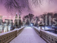 Bow Bridge wall mural showing a snowy Central Park scene at pink dusk.